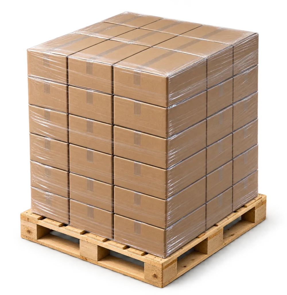 Loaded European pallet with 56 canned-fish carton boxes